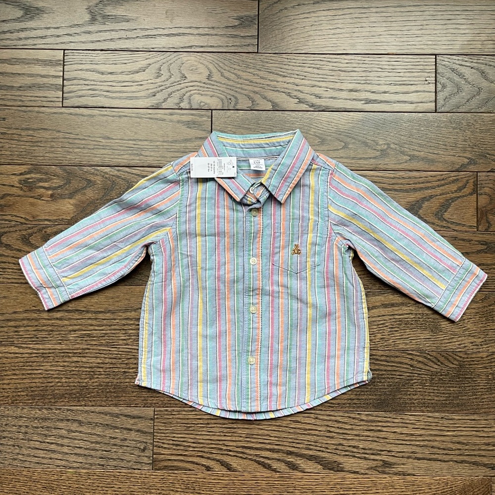 NWT BabyGap Long Sleeve Pastel Striped Button Up Shirt | Size 12-18 | Easter